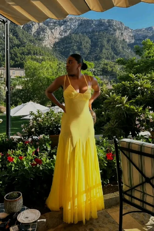 Sexy Spaghetti Straps Yellow Tulle Chiffon Prom Dress A Line Party Dress cc2391 Tunics Formal black Sexy Spaghetti Straps Yellow Tulle Chiffon Prom Dress A Line Party Dress cc2391 Tunics Formal black