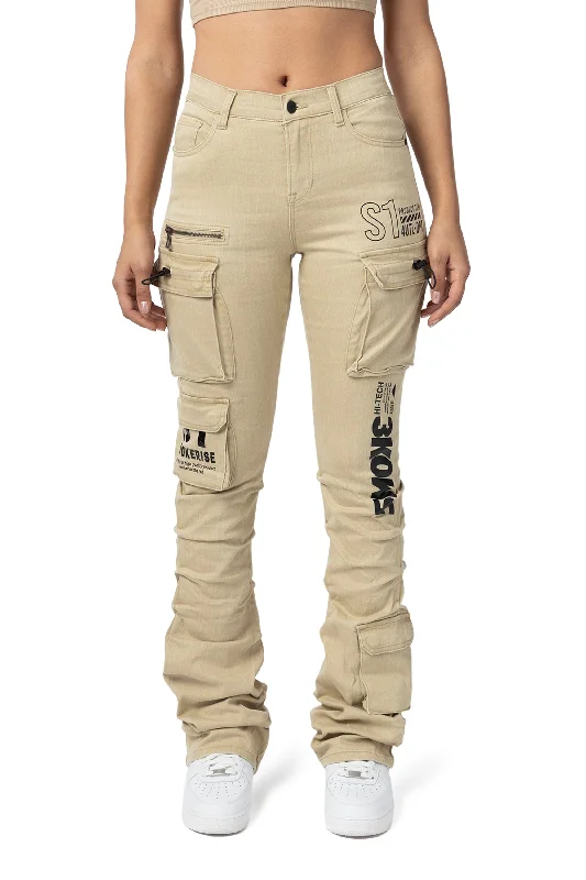 High Rise Stacked Utility Twill Pants - Cappuccino Comfortable Cargo Pants