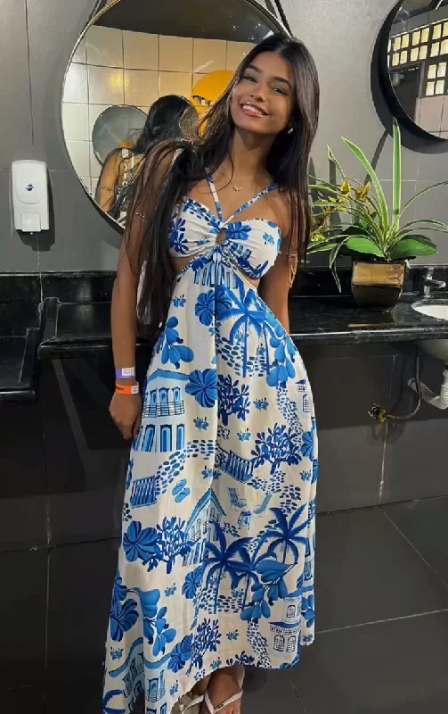 Blue Halter A-Line Printed Long Party Dress Fashion Vacation Dress, DP4331 Tunics Favorite customer