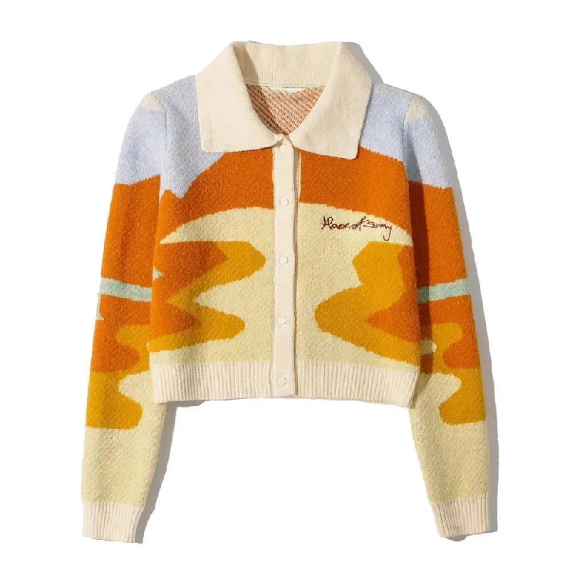 Landscape Crop Cardigan Sweater For Women Elegant Classic Vintage