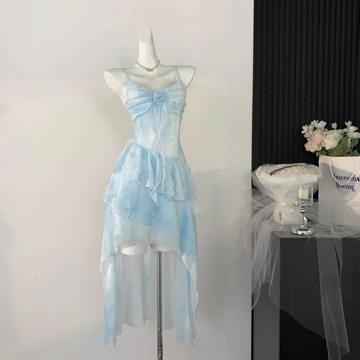 Beautiful High Low Spaghetti Straps Ice Blue Ombre Chiffon Prom Dress Party Dress cc1763 Tunics Floral girly