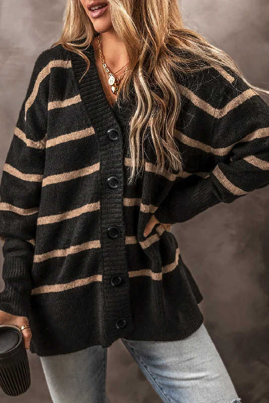 Stripe Buttoned V Neck Drop Shoulder Loose Cardigan Neon metallic Matte