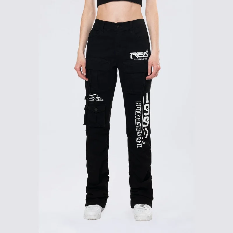 High Rise Stacked Utility Twill Pants - Black Comfy High-Waist Jeans