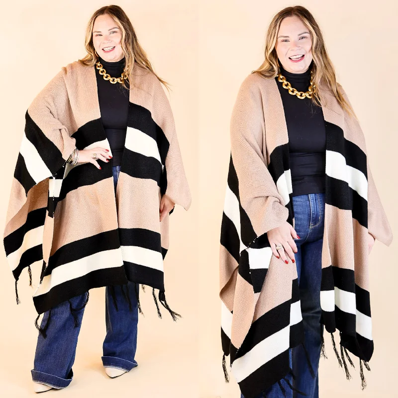 Warmest Wishes Striped Poncho Cardigan with Tassel Fringe in Mocha, Ivory, and Black Thin Thick Dense
