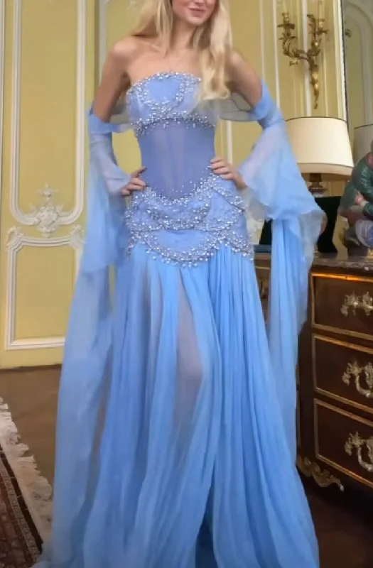 Blue Strapless A-Line Chiffon Beading Birthday Dress Evening Party Dress, DP4587 Tunics Mesh breathable