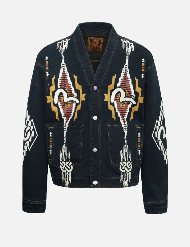 Chimayo Tapestry and Seagull Print Reversible Boxy Denim Jacket Boat Neck Shawl Collar Notched Collar