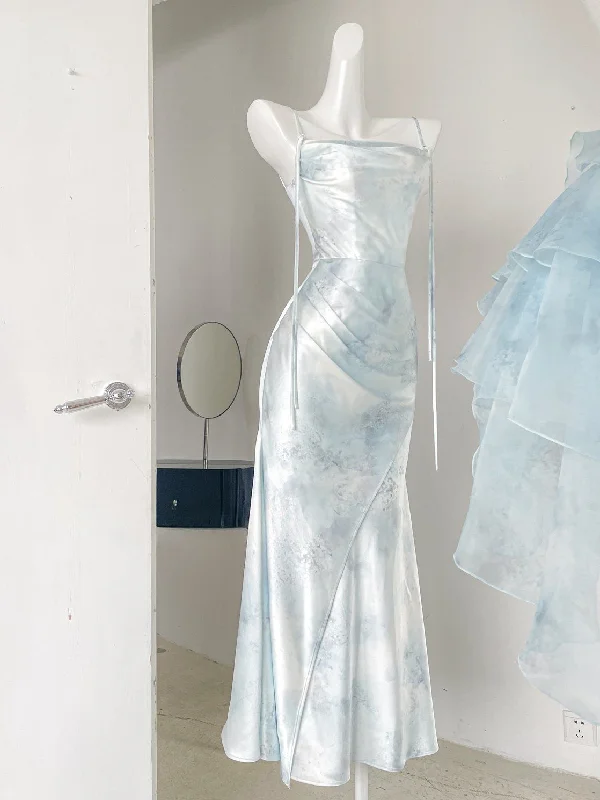 Light Blue Spaghetti Straps Sheath Long Party Dress Birthday Outfit, DP4384 Tunics Corduroy durable