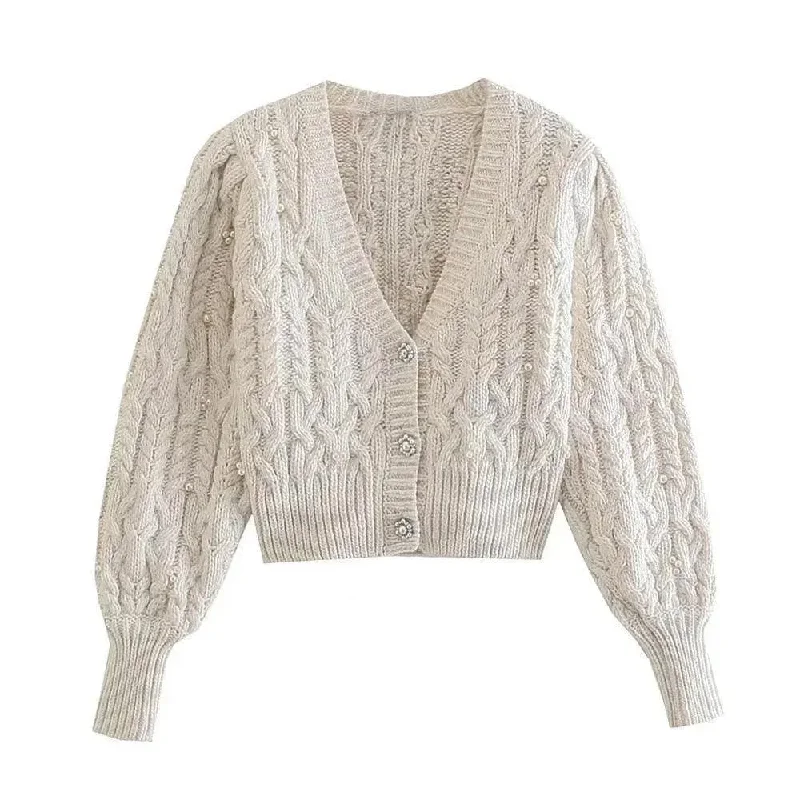 Women Crop Vintage Cardigan Sweaters Mesh Blend Leather Blend Suede Blend