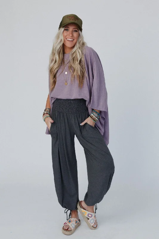 The Nest Angelica Smocked Pant - Charcoal Comfortable Pleated Pants