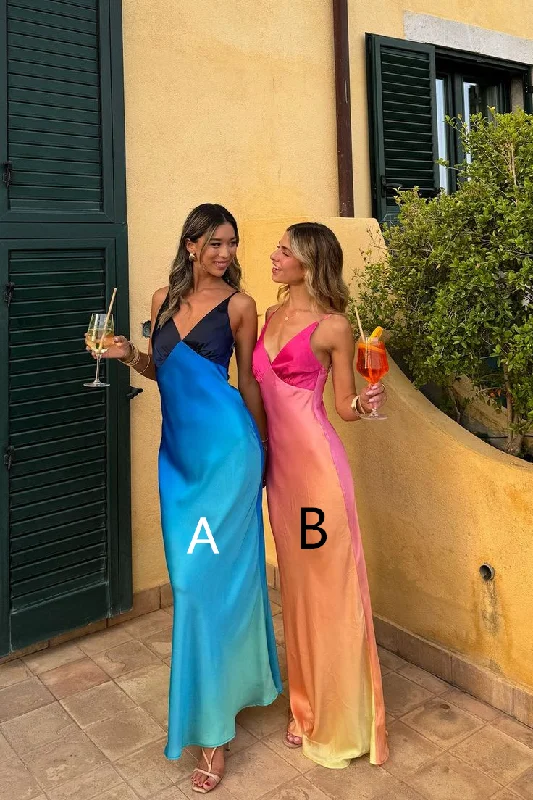 Unique Blue Satin V Neck Long Prom Dress Party Dress cc1537 Pleated Skirt Elegant