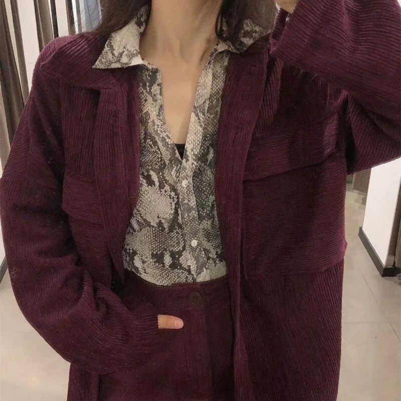 Soft Corduroy Suits Vintage Woman Dark Purple Loose Spring Autumn Casual Ladies Oversized Jackets Female Chic Short Skirts Fleece Fabric Down Fabric Feather Fabric