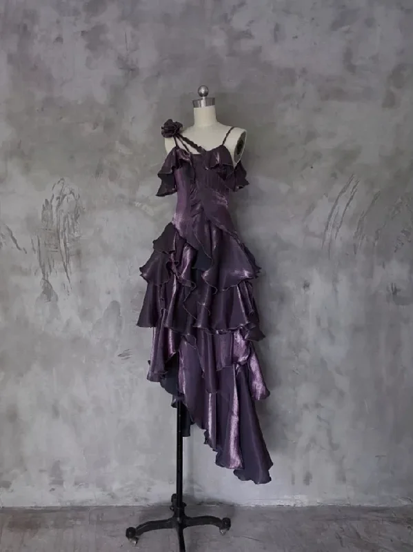 Purple Irregular Ruffle Spaghetti Straps Prom Dress Long Layered Birthday Dress Party Dress cc1460 Tunics Stylish elegant