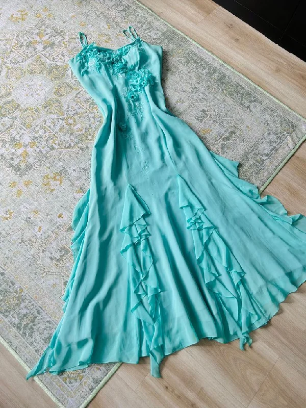 Blue Spaghetti Straps A-Line Ruffles Long Party Dress, DP4083 Tunics stripes playful