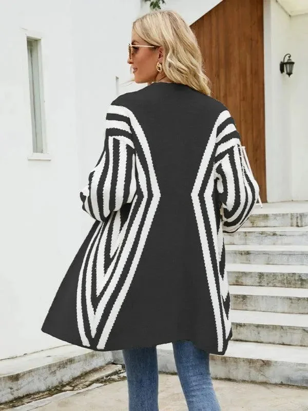 V-Neck Diamond Stripe Cardigan Sweater Lightweight Heavyweight Midweight