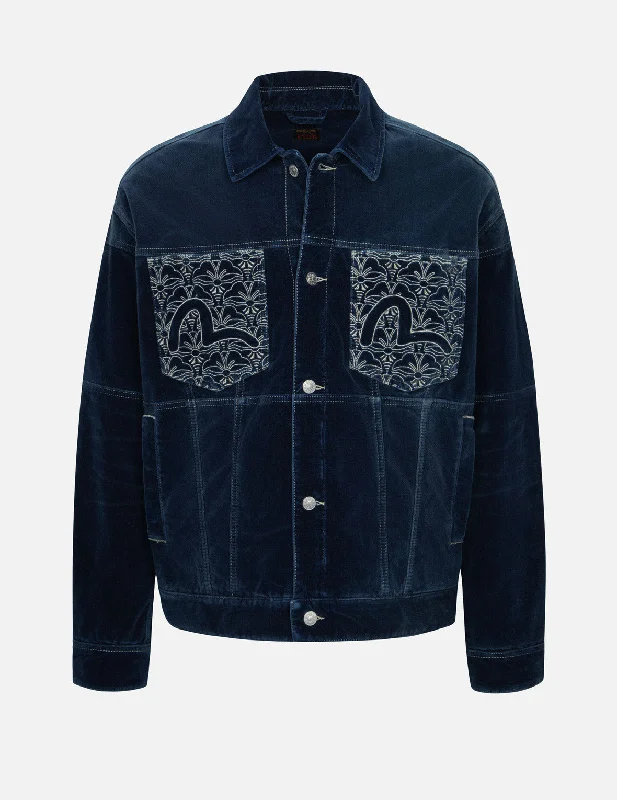 Seagull and Allover Kamon Embroidery Pockets Loose Fit Padded Denim Jacket Tiered Jacket Buttoned Jacket Zippered Jacket
