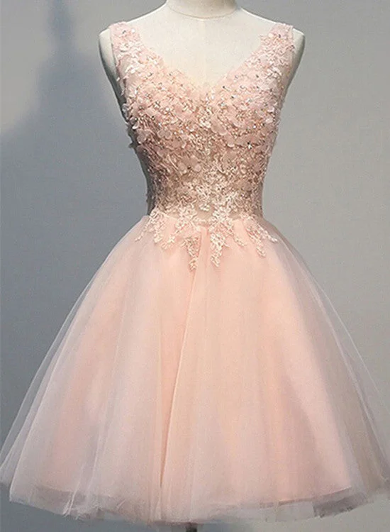 Lovely Tulle V-neckline Pink Party Dresses, Pink Formal Dresses, Homecoming Dresses Satin Halter Glamorous Lovely Tulle V-neckline Pink Party Dresses, Pink Formal Dresses, Homecoming Dresses Satin Halter Glamorous