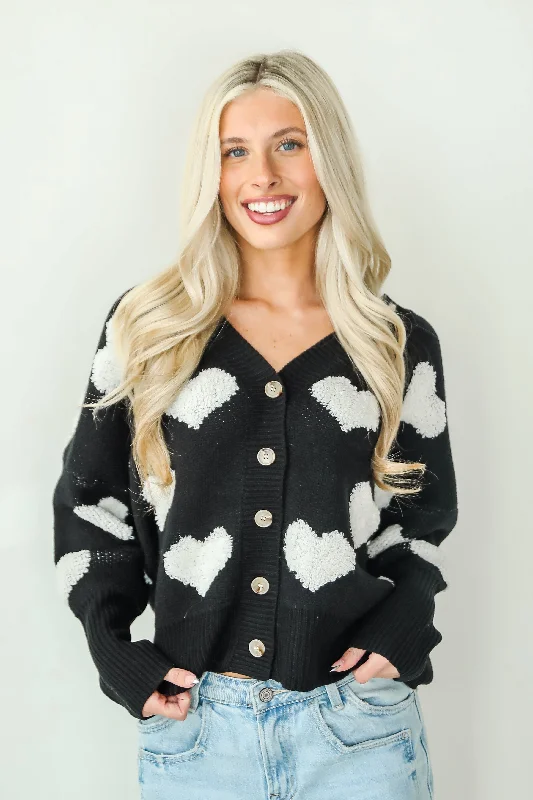 FINAL SALE - Incredibly Darling Black Heart Sweater Cardigan Slim Fit Regular Fit Oversized