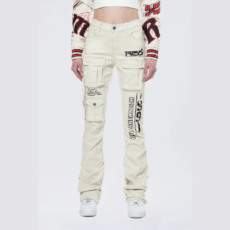 High Rise Stacked Utility Twill Pants - Ecru Relaxed Linen Pants