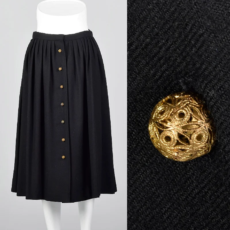 1970s Chloe Timeless  Black Wool Skirt with Gold Buttons, Karl Lagerfeld era chiffon skirt airy
