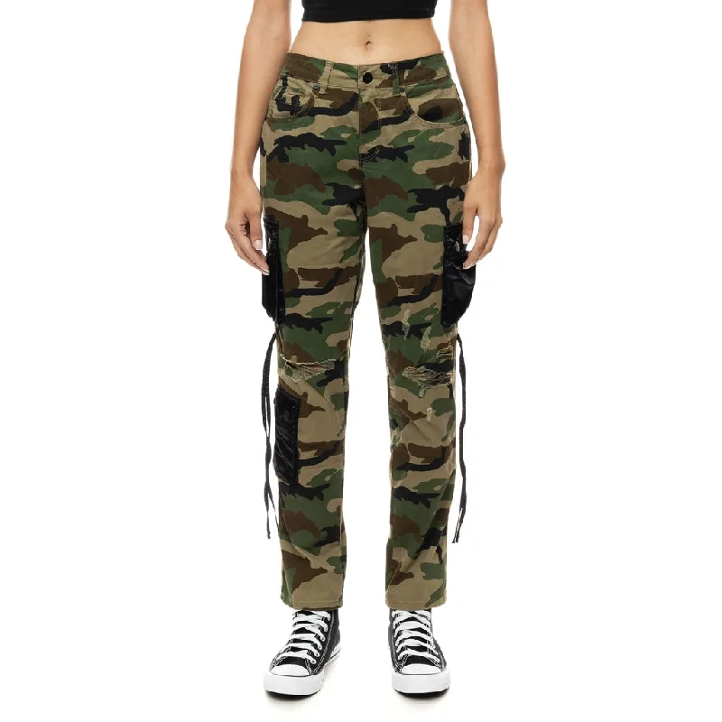 High Rise Relaxed Tapered Mixed Media Utility Twill Pants - Wood Camo Comfy Athletic Pants