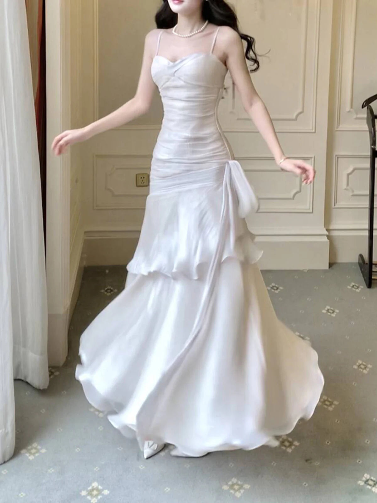 White Spaghetti Straps A-Line Chiffon Long Party Dress, DP4184 Tunics Modern contemporary