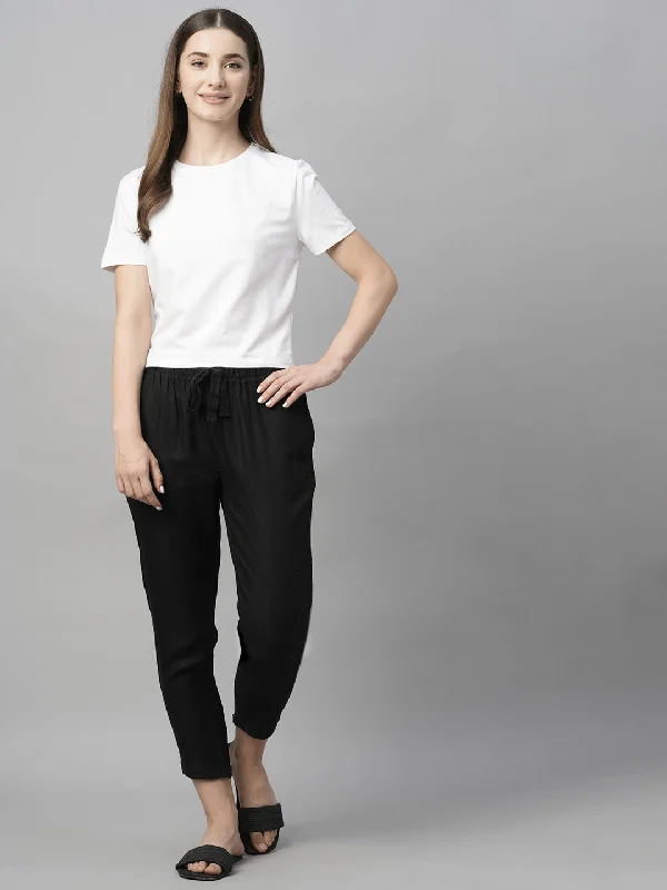 Women's Black Linen Regular Fit Pant Comfy Cargo Trousers