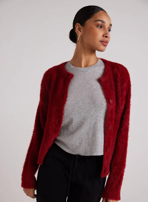 Fuzzy Crew Neck Cardigan - Ruby Red Cable Knit Ribbed Knit Lace Knit