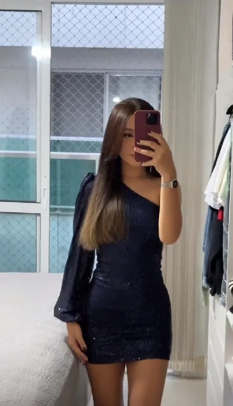 Navy One Shoulder Sequins Sheath Short Party Dress Homecoming Dress, DP4148 Tunics Versatile stylish