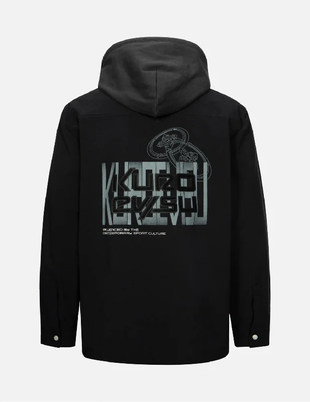 Logo and Kamon Print Regular Fit Shirt Jacket with Detachable Hood Zip Front Button Front Snap Front