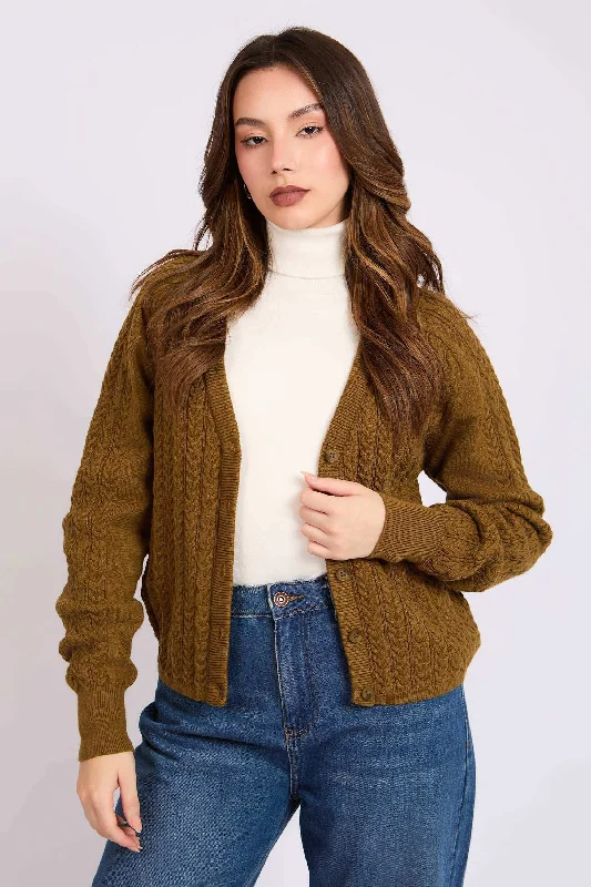 Women Regular Fit Cardigan - Brown Elasticated Padded Insulated