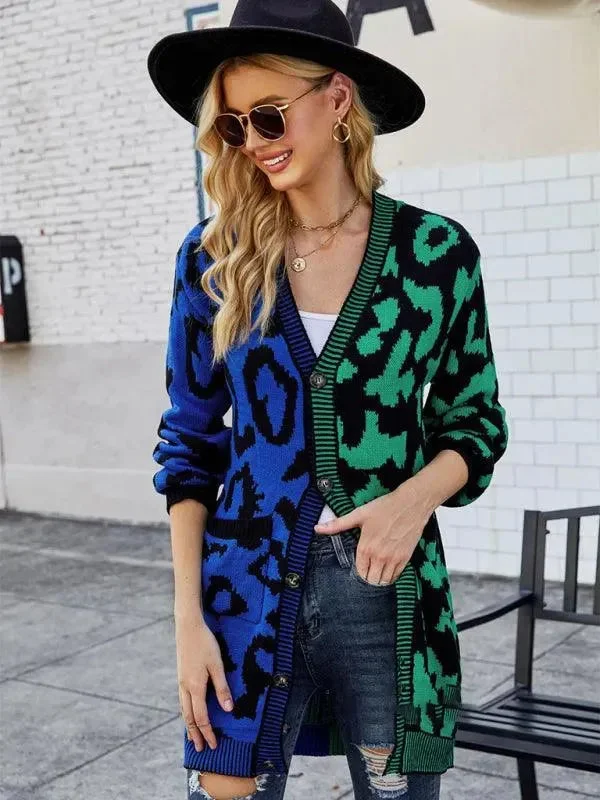 Mid-Length Leopard Knitted Cardigan Sweater Satin Blend Silk Blend Wool Blend