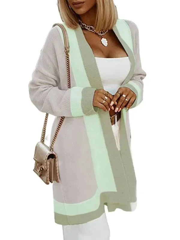 Patchwork Knitted Women Cardigan Sweater Houndstooth Herringbone Solid