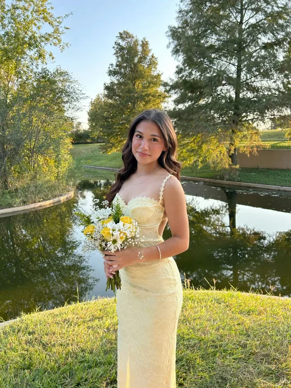 Light Yellow Spaghetti Straps Sheath Lace Long Party Dress Wedding Guest Dress, DP4537 Tunics Sophisticated sleek Light Yellow Spaghetti Straps Sheath Lace Long Party Dress Wedding Guest Dress, DP4537 Tunics Sophisticated sleek