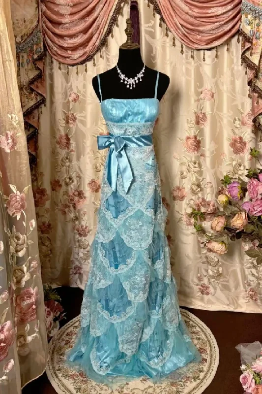 Blue Spaghetti Straps Sheath Satin Lace Long Party Dress Evening Gown, DP4505 Cowl Neckline Elegant Blue Spaghetti Straps Sheath Satin Lace Long Party Dress Evening Gown, DP4505 Cowl Neckline Elegant