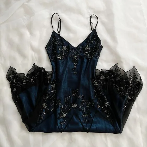 Vintage Navy Straps Beading Chiffon Long Party Dress, DP4313 Tunics Practical easy-care
