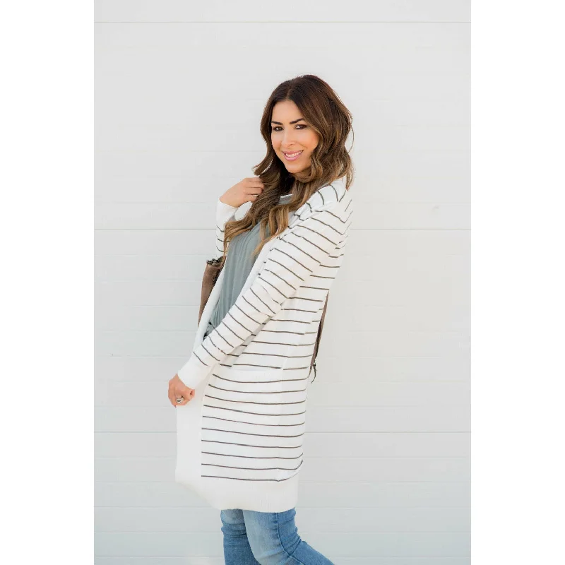 Thin Striped Cardigan-White Hooded Caped Shawl Collar