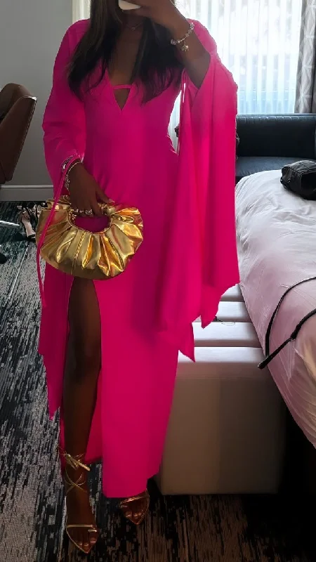 Chic Hot Pink V Neck Long Prom Dress Sexy Slit Party Dress cc2411 Tunics Party sparkling Chic Hot Pink V Neck Long Prom Dress Sexy Slit Party Dress cc2411 Tunics Party sparkling