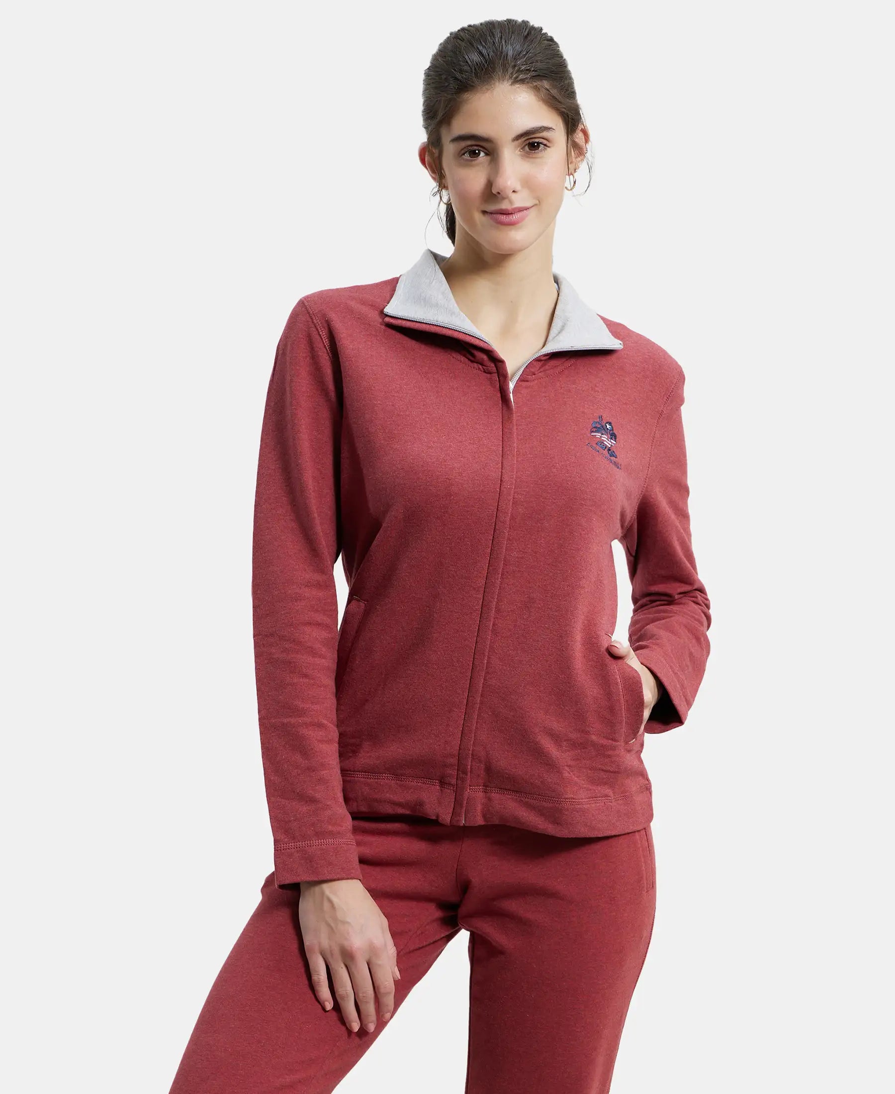 Super Combed Cotton Elastane Stretch Full Zip High Neck Jacket With Convenient Front Pockets - Rust Red Melange Wool Fabric Cashmere Fabric Tweed Fabric