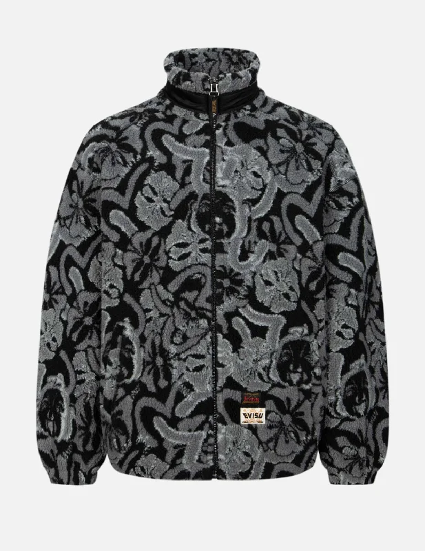 Allover Seagull and Kamon Jacquard Loose Fit Sherpa Jacket Boat Neck Shawl Collar Notched Collar