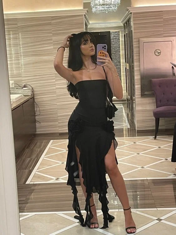 Sexy Black Strapless Black Slit Prom Dress Ruffles Party Dress With Floral cc1856 Off-the-shoulder Bohemian Festive