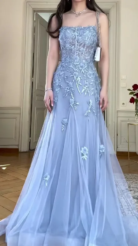 Charming Blue Mermaid Tulle Appliques Evening Dress,Long Prom Party Dress cc2585 Tunics Cozy comfortable