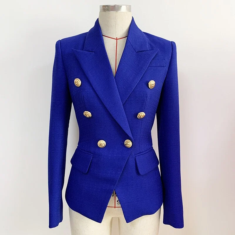 Blue Cotton Linen Blazer Women Casual Classic Green Women's Blazers with Gold Double-breasted Button Slim Suit Jackets Autumn Hooded Jacket Caped Jacket Shawl Collar Jacket