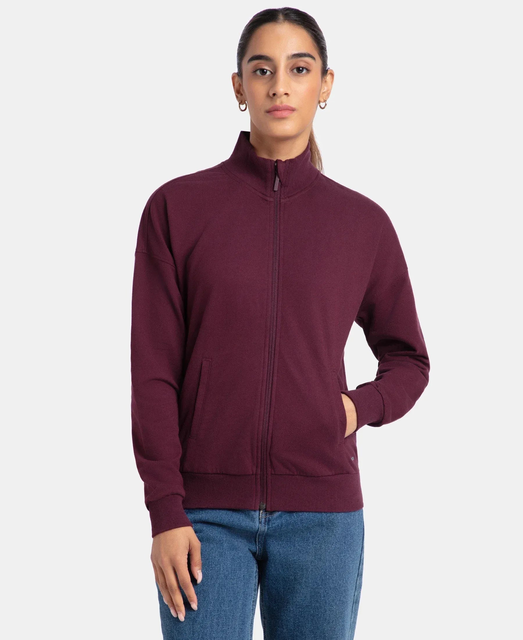 Super Combed Cotton French Terry Drop Shoulder Styled Jacket with Ribbed Cuff and Hem - Wine Tasting Welt Pockets Slit Pockets Flap Pockets