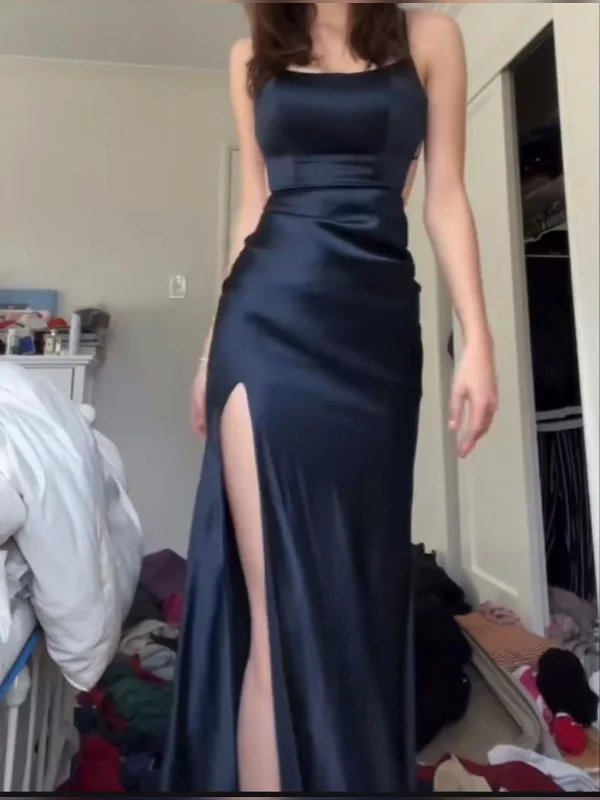 Dark Navy Straps Split Sheath Satin Simple Long Party Dress, DP4395 Turtleneck Neckline Stylish