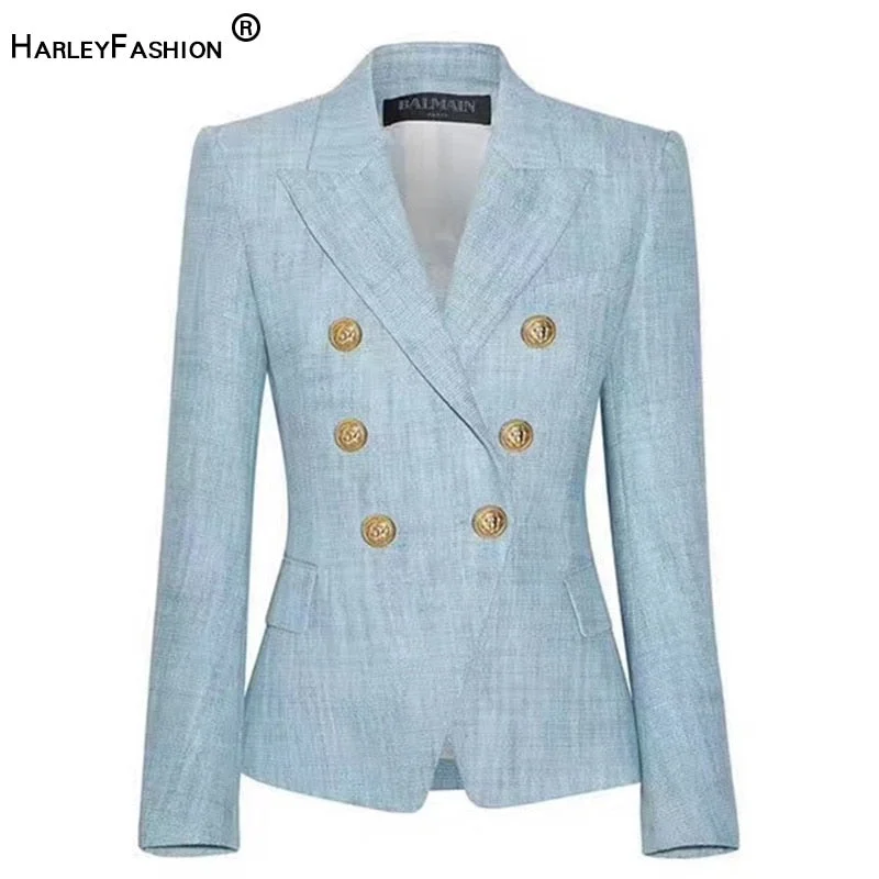 HarleyEuropean Women Elegant Light Blue Blazer Metal Buttons Casual Slim Jackets Outerwear Blazers Faux Fur Fabric Real Fur Fabric Shearling Fabric