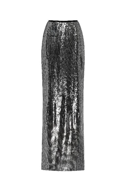 Dramatic fitted sequined gray maxi skirt, Midnight Walk velvet skirt rich