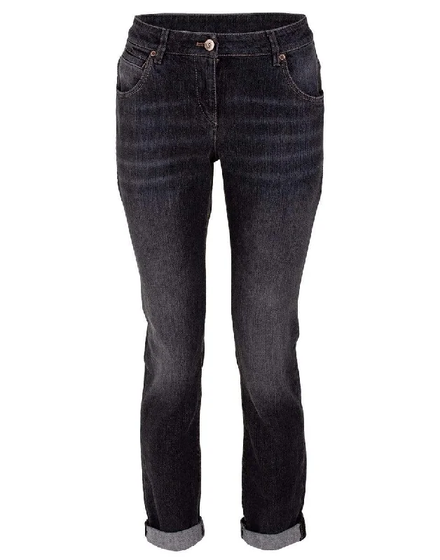 Dark Grey Monili Detail Straight Leg Denim Pant Comfortable Jogger Trousers