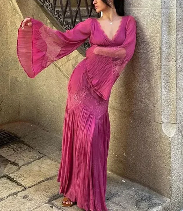 Pink Chiffon Lace Party Dress Elegant Long Prom Dress cc2232 High-Low Hemline Casual Pink Chiffon Lace Party Dress Elegant Long Prom Dress cc2232 High-Low Hemline Casual