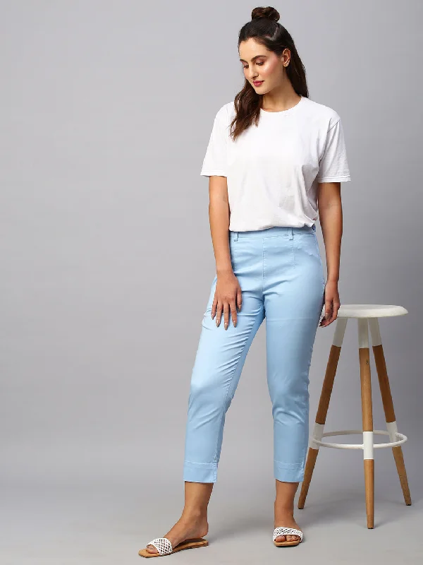 Women's Blue Cotton Lycra Regular Fit Pant Lightweight Linen Pants