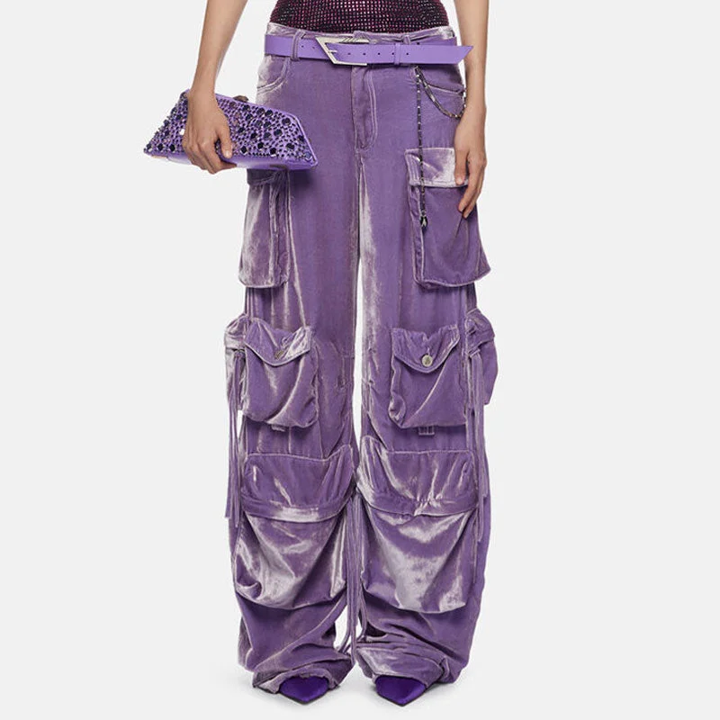 Offbeat Low Waist Multiple Pocket Wide Leg Polished Velvet Cargo Pants Casual Lounge Pants
